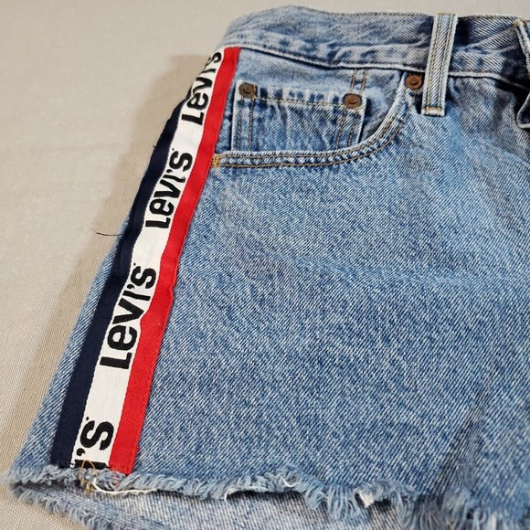 Levis 501 Sport Tape Hi-Rise Cutoff Button Fly Denim Blue Jean Shorts Womens W26 - Picture 4 of 13